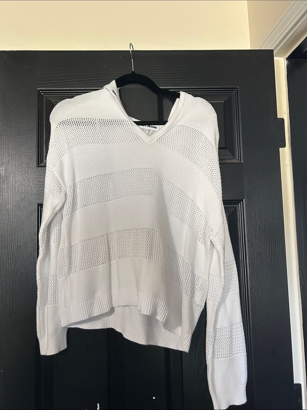 DKNY White V-Neck Hooded Knit Sweater